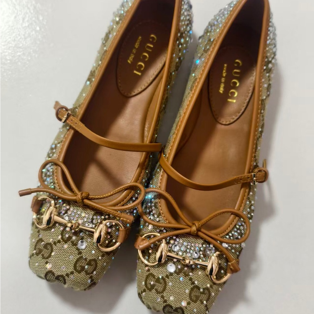 Gucci Beige Monogram Crystal-Embellished Ballet Flats with Tan Trim